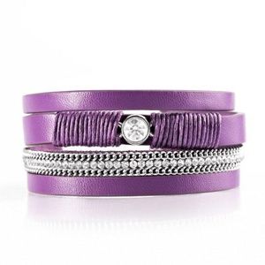 Purple Leather Silver Chain Rhinestone Bracelet